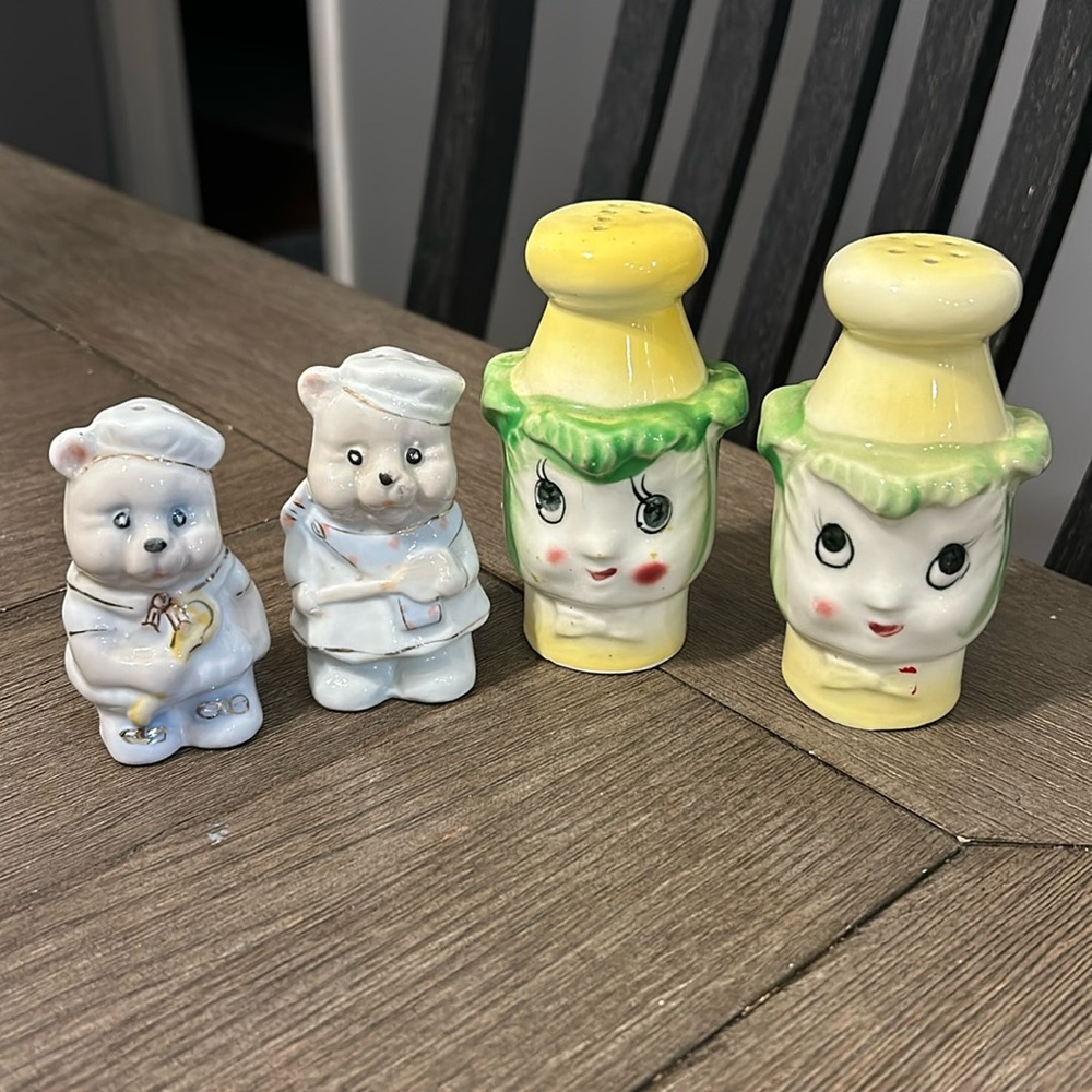 Anthropomorphic pair salt and pepper shakers chef bear and lettuce people